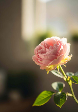 A beautiful pink rose in full bloom with green leaves in a bright and airy room with natural lightの写真素材