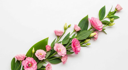 A beautiful bouquet of pink flowers with green leaves on a white background