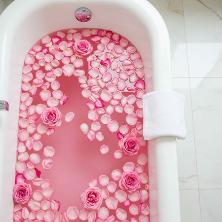 A serene bathtub filled with pink rose petals and water for a relaxing spa experience
