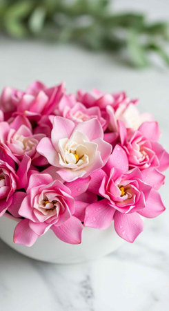A beautiful bouquet of pink roses in a white vase on a marble surface with greenery in the...