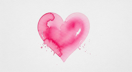 A beautiful pink watercolor heart on a white background with splattersの写真素材