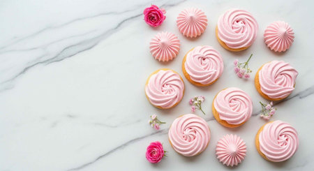 A beautifully arranged assortment of pink frosted cupcakes and flowers on a marble surface