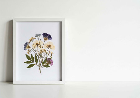 A beautiful framed picture of flowers on a white background with a minimalist design