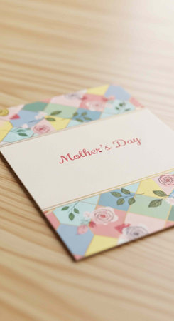 A colorful Mother's Day card on a wooden table with floral design