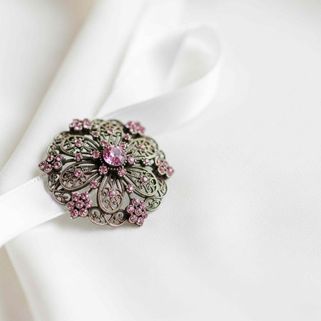 A beautiful silver brooch with pink gemstones on a white satin fabric background