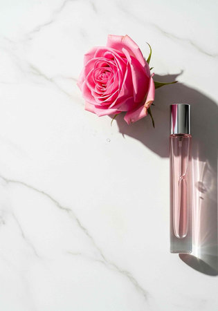 A pink rose and a perfume bottle on a white marble surface