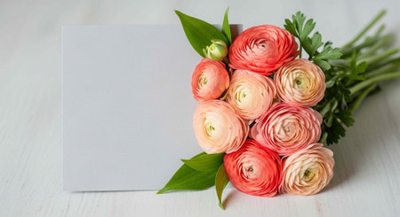 A bouquet of pink and peach colored flowers next to a blank white card on a light surface