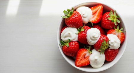 A bowl of fresh strawberries with whipped cream on a white background