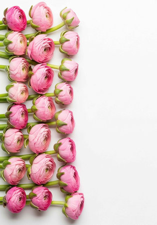A beautiful arrangement of pink flowers on a white background with green stems