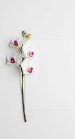 A delicate white orchid with purple centers on a plain white background