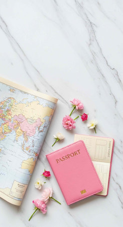 A pink passport and a world map with flowers on a marble surface for travel planning