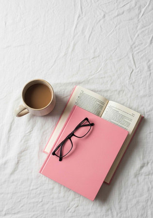 A pair of glasses on top of a pink book next to a cup of coffee on a white sheet