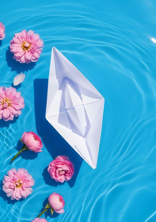 A white paper boat floats on calm blue water surrounded by pink flowers