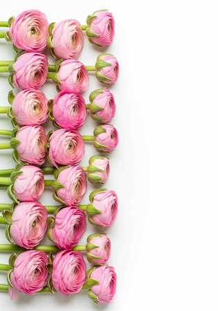 A beautiful arrangement of pink ranunculus flowers on a white background