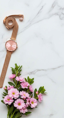 A rose gold watch lies next to a bouquet of pink flowers on a marble surface