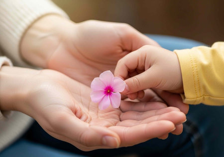 A tender moment between an adult and a child holding a small pink flower togetherの写真素材