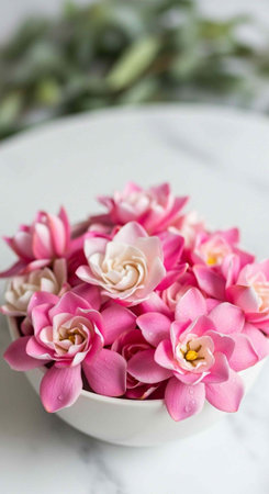 A beautiful arrangement of pink and white flowers in a white bowl on a marble surface