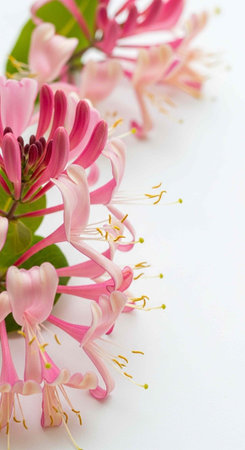 A close-up view of pink honeysuckle flowers on a white background with green leaves and yellow stamensの写真素材