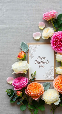 A Happy Mother's Day card surrounded by beautiful roses on a textured background