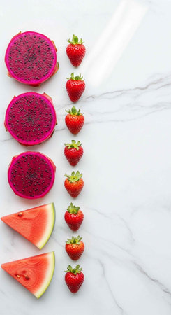 A vibrant arrangement of fresh dragon fruit, watermelon, and strawberries on a marble surface