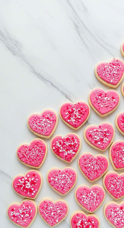 A collection of pink heart-shaped cookies with white sprinkles on a marble surface for Valentine's...