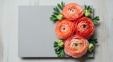 A beautiful arrangement of peach-colored flowers on a gray card with a blank space for text on a...
