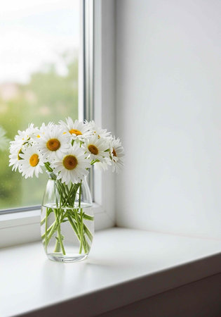 A clear vase with white daisies sits on a windowsill with a blurred green outdoor view.の写真素材