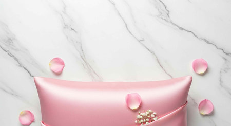 A pink satin eye mask with pearls and rose petals on a marble background for beauty sleep relaxationの写真素材