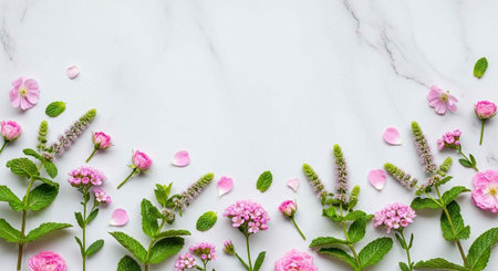 A beautiful arrangement of pink flowers and green leaves on a white marble background