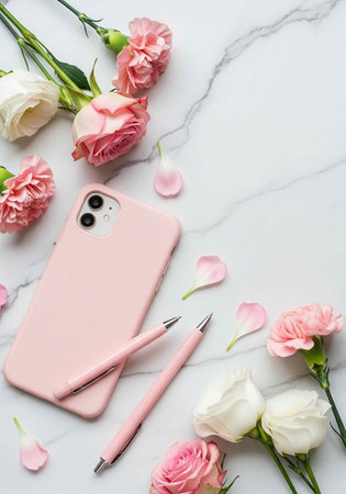 A pink smartphone and pens surrounded by beautiful flowers on a marble surfaceの写真素材