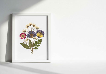 A framed floral artwork with colorful flowers and green leaves on a white background with natural...