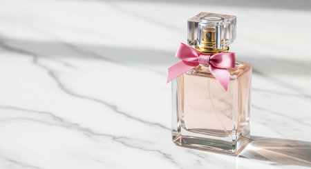 A luxurious perfume bottle with a pink bow on a marble surface