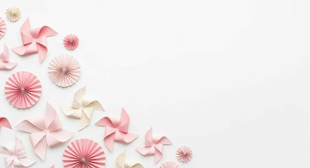 A delicate arrangement of pink and white paper flowers and butterflies on a clean white background
