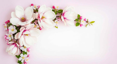 A beautiful floral arrangement of white and pink flowers on a soft pink background with green leavesの写真素材