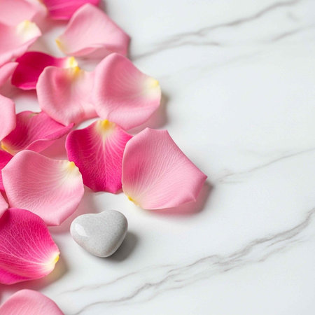 A small white heart surrounded by scattered pink rose petals on a marble surfaceの写真素材