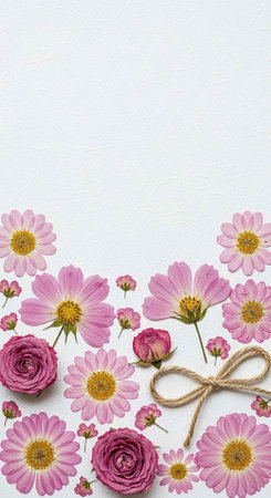 A beautiful arrangement of pink flowers and a rope bow on a white background