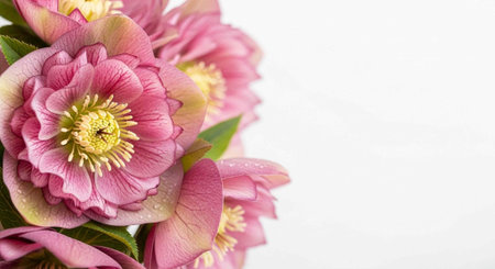 A close-up of pink flowers with yellow centers on a white backgroundの写真素材