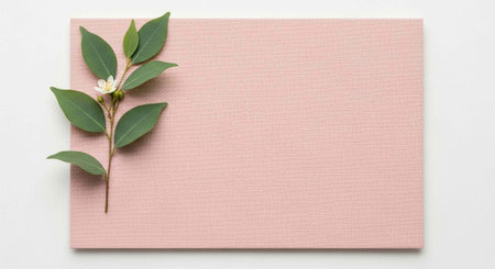 A pink textured card with a small green branch and white flower on a white backgroundの写真素材