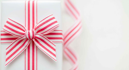 A beautifully wrapped gift box with a red and white striped ribbon on a clean white background