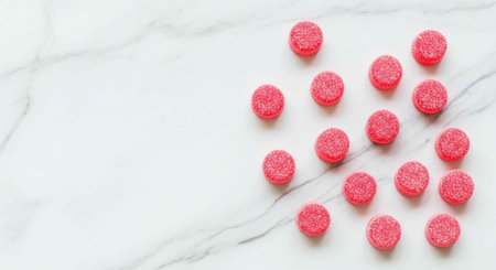 A collection of pink pills arranged on a white marble surface with empty space for text or design