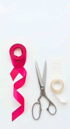 A roll of pink ribbon, scissors, and tape on a white background for crafting and DIY projects