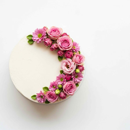 A beautifully decorated cake with pink flowers on a white background for a special occasion or...