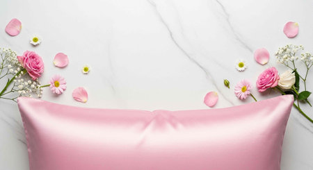 A pink satin pillow with flowers and petals on a white marble background for a luxurious and serene atmosphereの写真素材