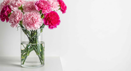 A beautiful bouquet of pink flowers in a clear glass vase on a white tableの写真素材