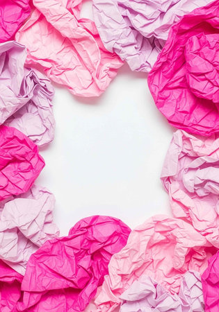 A creative background of crumpled pink and purple paper on a white surface for design and art...