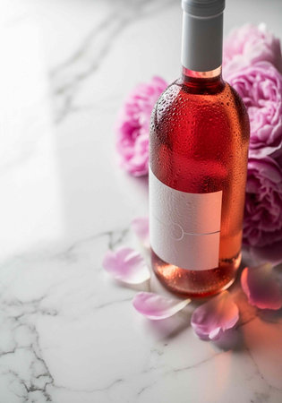 A bottle of rose wine with pink flowers and petals on a marble surface