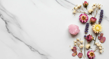 A delicate arrangement of dried flowers and a pink crystal on a white marble surfaceの写真素材