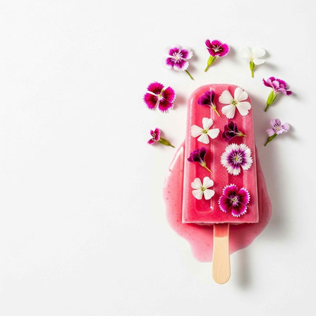 A pink popsicle with colorful flowers on a white background melting into a puddle of pink liquid