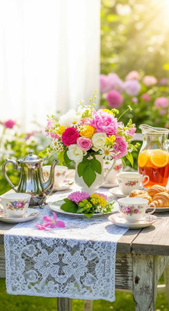 A beautifully set table with a floral arrangement and tea in a serene outdoor garden setting