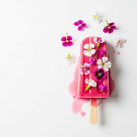 A pink popsicle with colorful flowers on a white background, melting and surrounded by petals